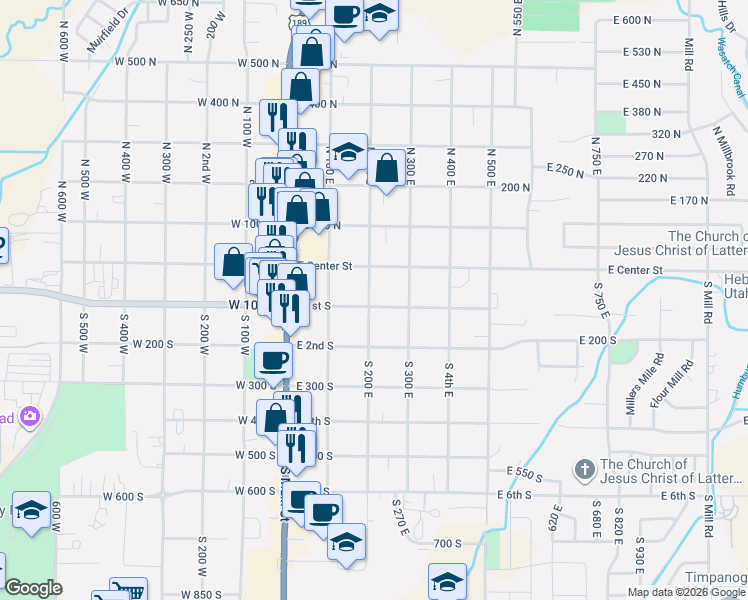map of restaurants, bars, coffee shops, grocery stores, and more near 217 East 1st South in Heber City