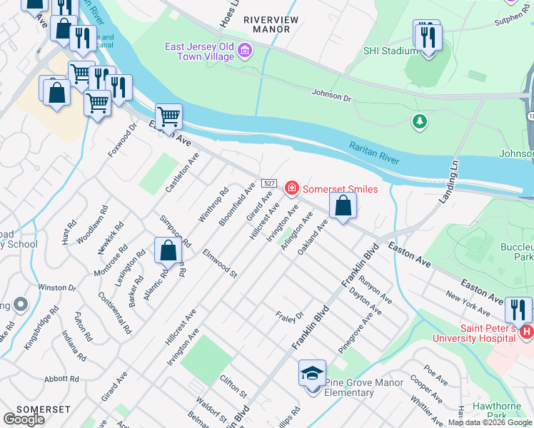 map of restaurants, bars, coffee shops, grocery stores, and more near 31 Hillcrest Avenue in Franklin Township