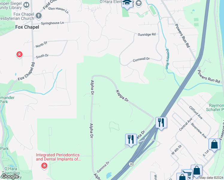 map of restaurants, bars, coffee shops, grocery stores, and more near 258 Kappa Drive in Pittsburgh