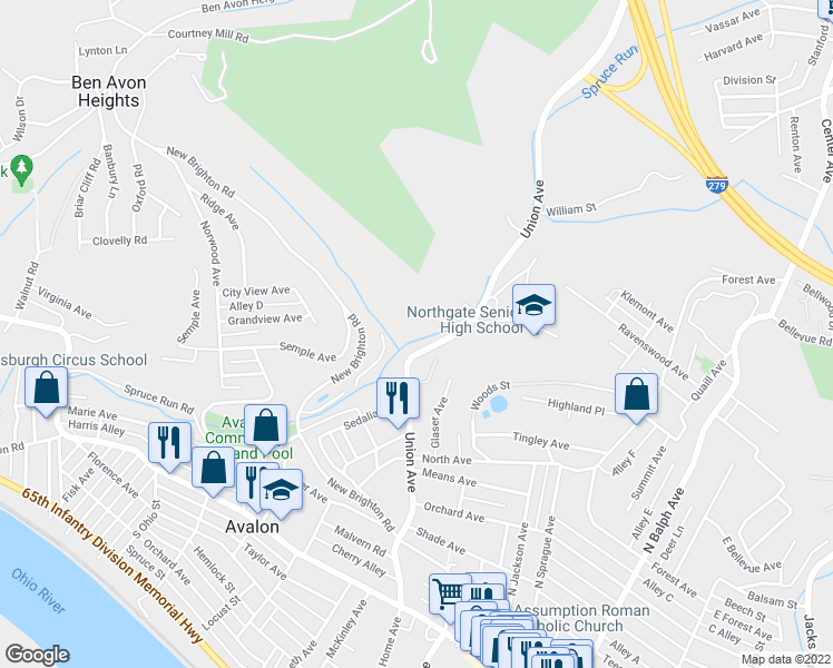 map of restaurants, bars, coffee shops, grocery stores, and more near 80 Union Avenue in Pittsburgh