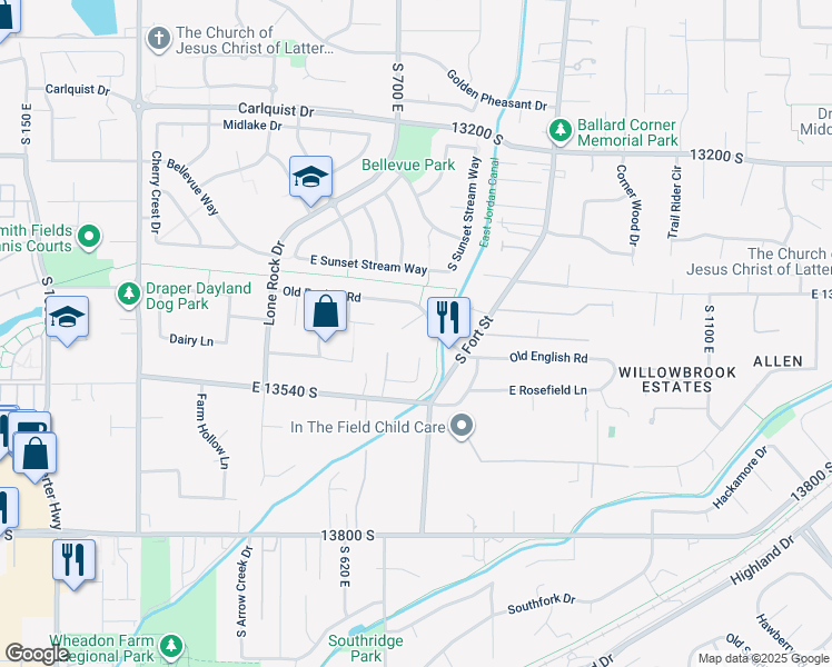 map of restaurants, bars, coffee shops, grocery stores, and more near 13506 Bridle Pointe Cove in Draper