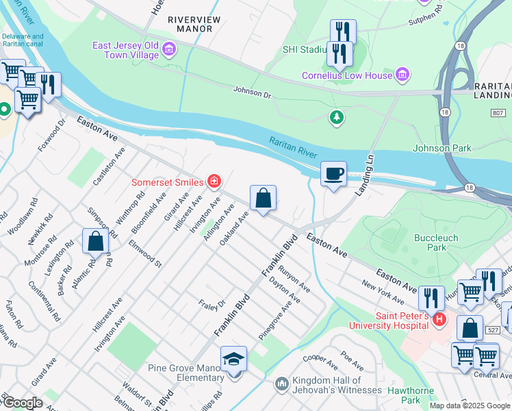 map of restaurants, bars, coffee shops, grocery stores, and more near 562 Easton Avenue in Franklin Township