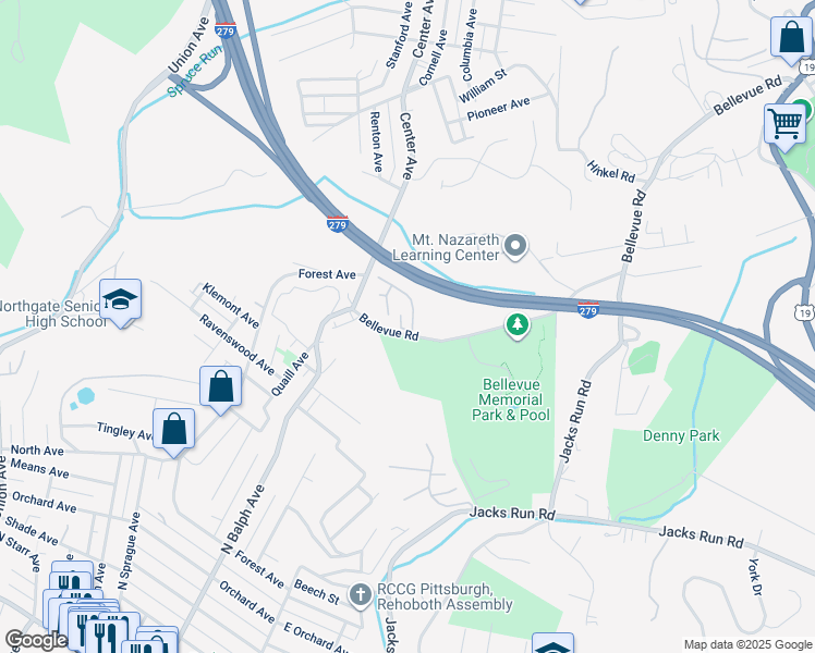 map of restaurants, bars, coffee shops, grocery stores, and more near 510 Bellwood Drive in Pittsburgh