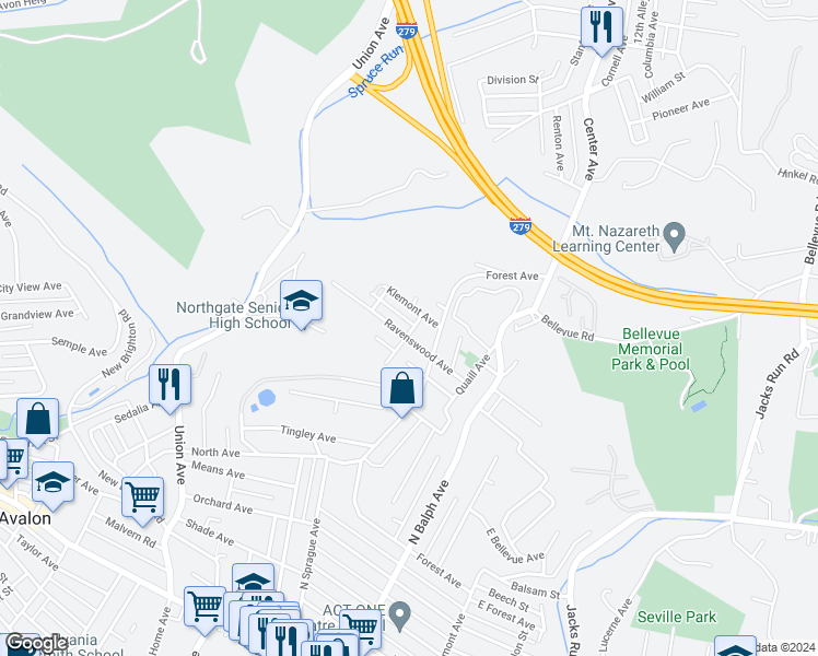 map of restaurants, bars, coffee shops, grocery stores, and more near 611 Ravenswood Avenue in Pittsburgh