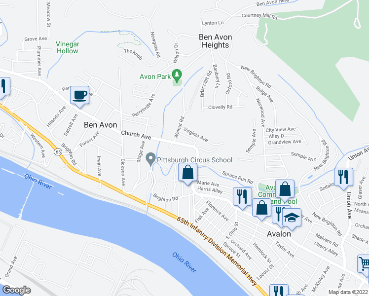 map of restaurants, bars, coffee shops, grocery stores, and more near 47 Spruce Run Road in Ben Avon