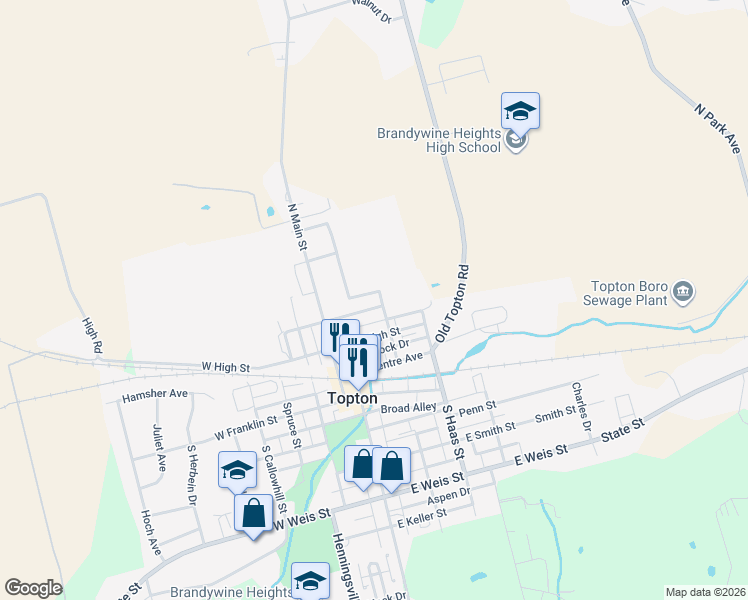 map of restaurants, bars, coffee shops, grocery stores, and more near 72 Washington Street in Topton
