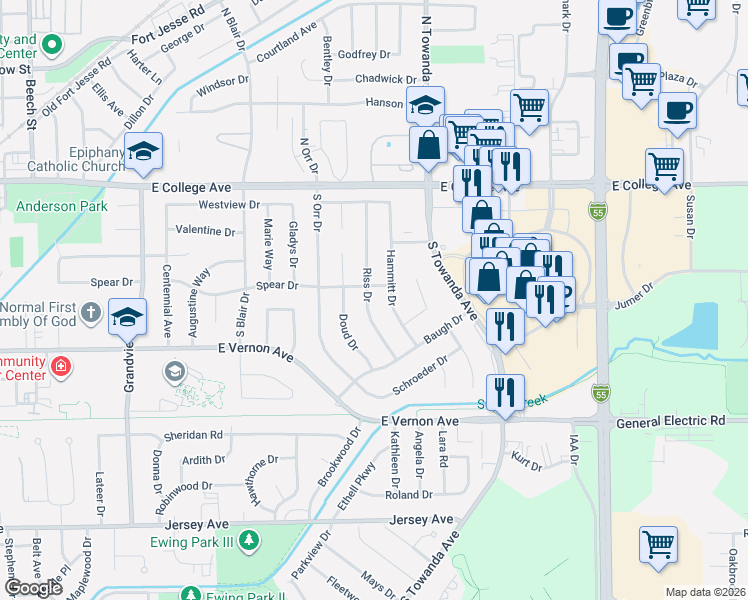 map of restaurants, bars, coffee shops, grocery stores, and more near 209 Riss Drive in Normal