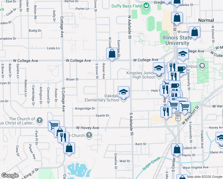 map of restaurants, bars, coffee shops, grocery stores, and more near 317 Oakdale Avenue in Normal