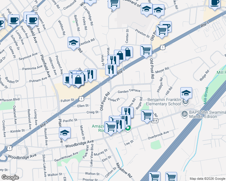 map of restaurants, bars, coffee shops, grocery stores, and more near 165 Old Post Road in Edison