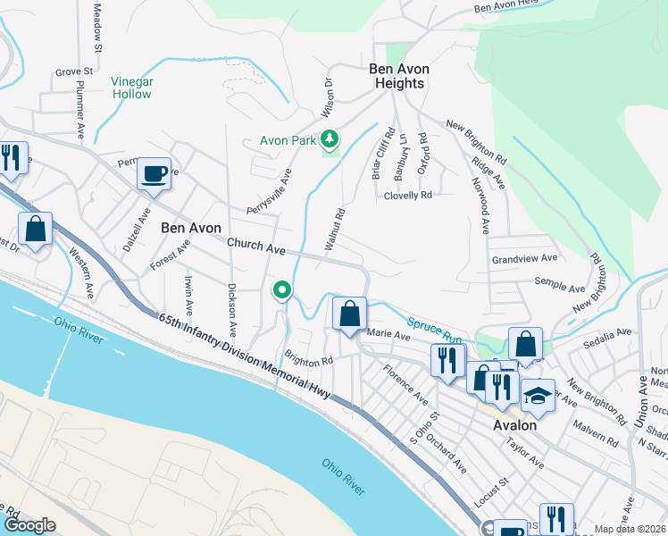 map of restaurants, bars, coffee shops, grocery stores, and more near 47 Spruce Run Road in Ben Avon