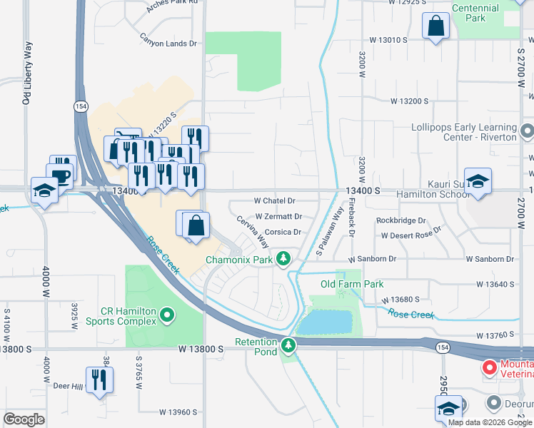map of restaurants, bars, coffee shops, grocery stores, and more near 13509 Cervina Way in Riverton