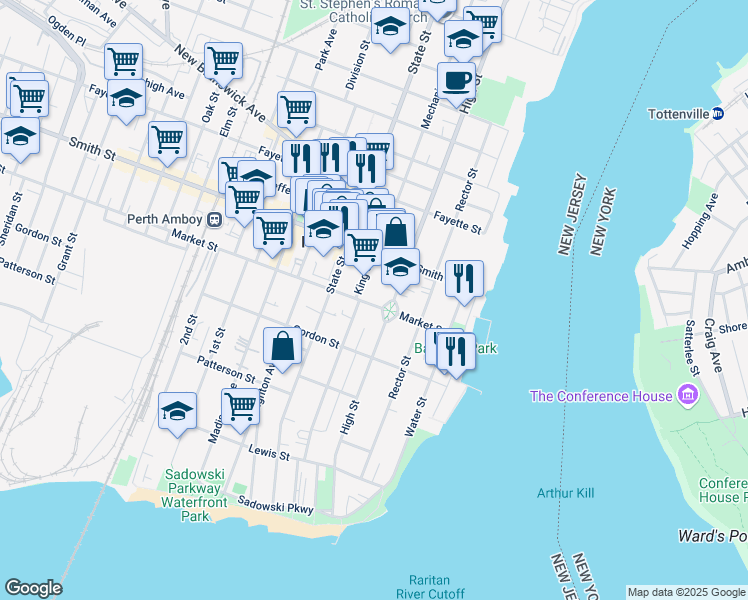 map of restaurants, bars, coffee shops, grocery stores, and more near 233 High Street in Perth Amboy