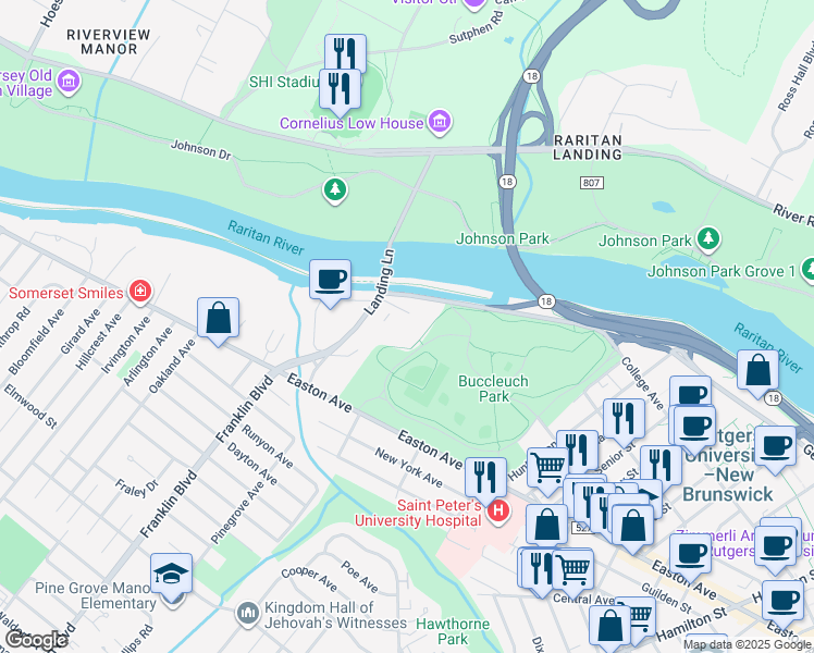 map of restaurants, bars, coffee shops, grocery stores, and more near 1050 George Street in New Brunswick