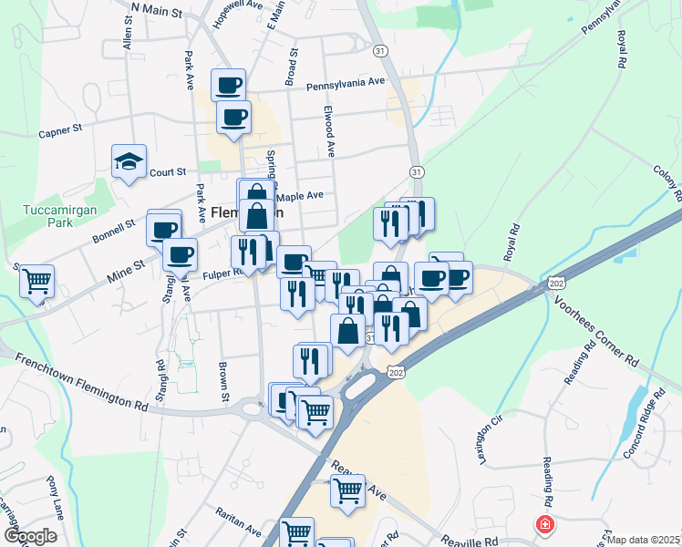 map of restaurants, bars, coffee shops, grocery stores, and more near 70 Church Street in Flemington
