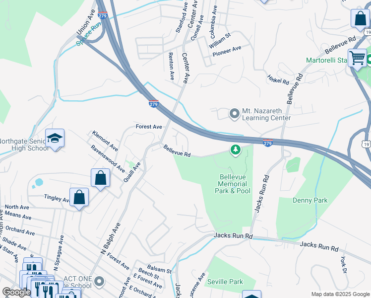map of restaurants, bars, coffee shops, grocery stores, and more near 510 Bellwood Drive in Pittsburgh