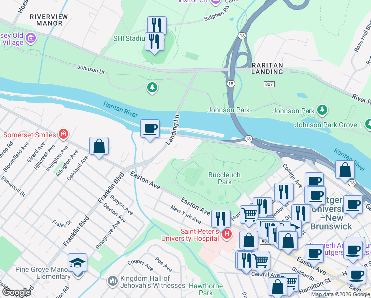 map of restaurants, bars, coffee shops, grocery stores, and more near 1050 George Street in New Brunswick