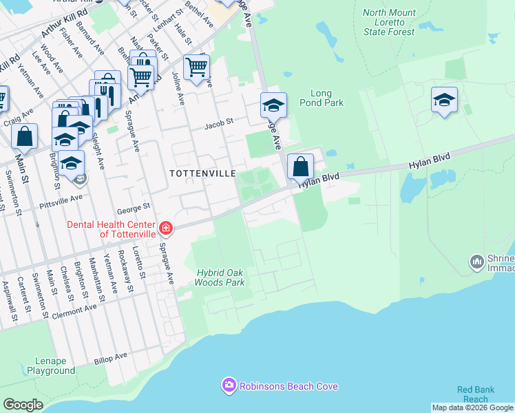 map of restaurants, bars, coffee shops, grocery stores, and more near 6845 Hylan Boulevard in Staten Island