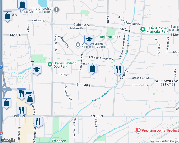 map of restaurants, bars, coffee shops, grocery stores, and more near 13403 Saddle Ridge Drive in Draper