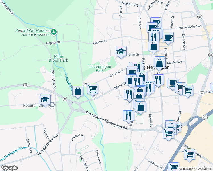 map of restaurants, bars, coffee shops, grocery stores, and more near 64 Bonnell Street in Flemington