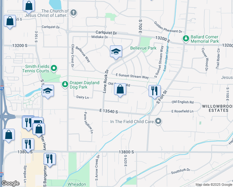 map of restaurants, bars, coffee shops, grocery stores, and more near 13448 Saddle Ridge Drive in Draper