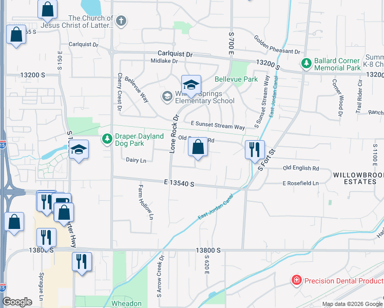 map of restaurants, bars, coffee shops, grocery stores, and more near 13403 Saddle Ridge Drive in Draper
