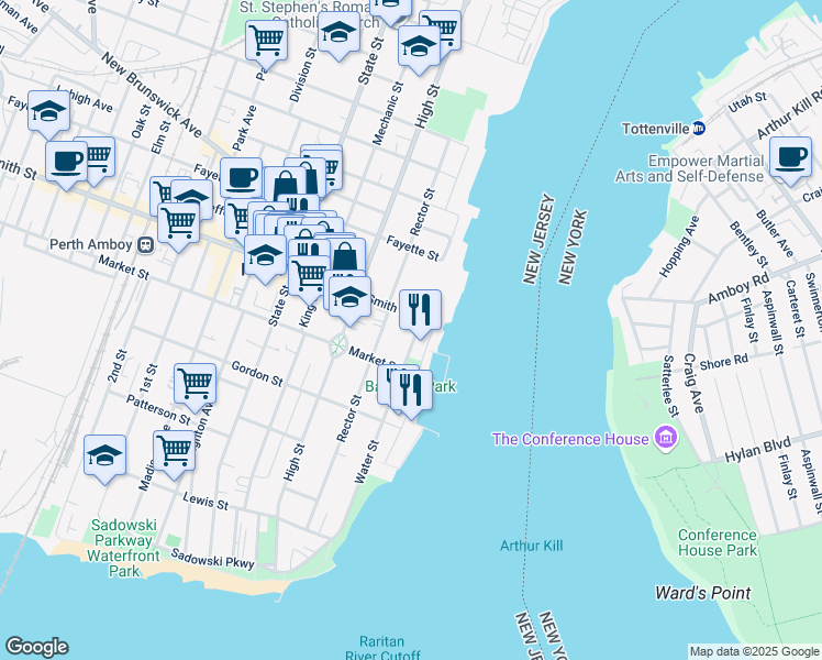 map of restaurants, bars, coffee shops, grocery stores, and more near 27 Smith Street in Perth Amboy