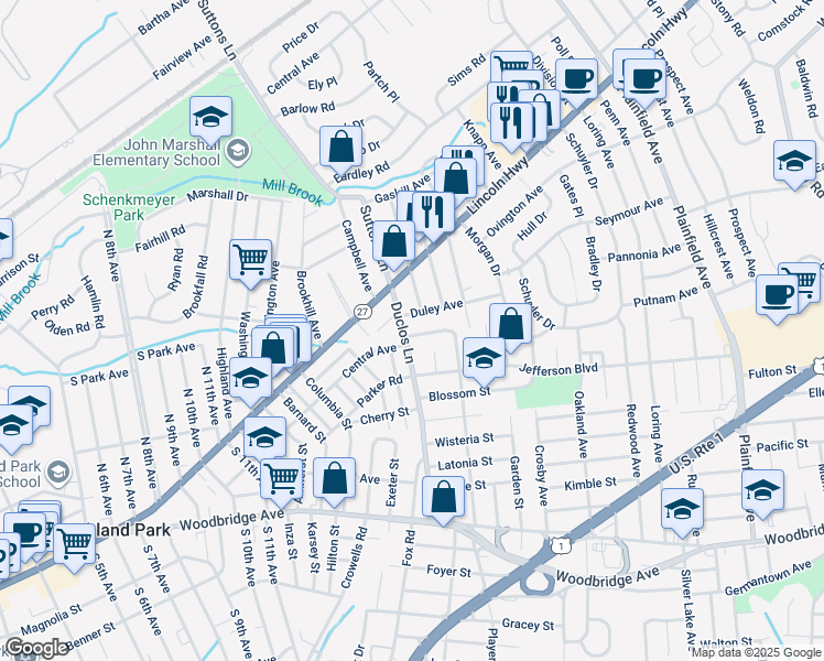 map of restaurants, bars, coffee shops, grocery stores, and more near 155 Duclos Lane in Edison