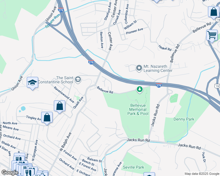 map of restaurants, bars, coffee shops, grocery stores, and more near 701 Bellwood Drive in Pittsburgh