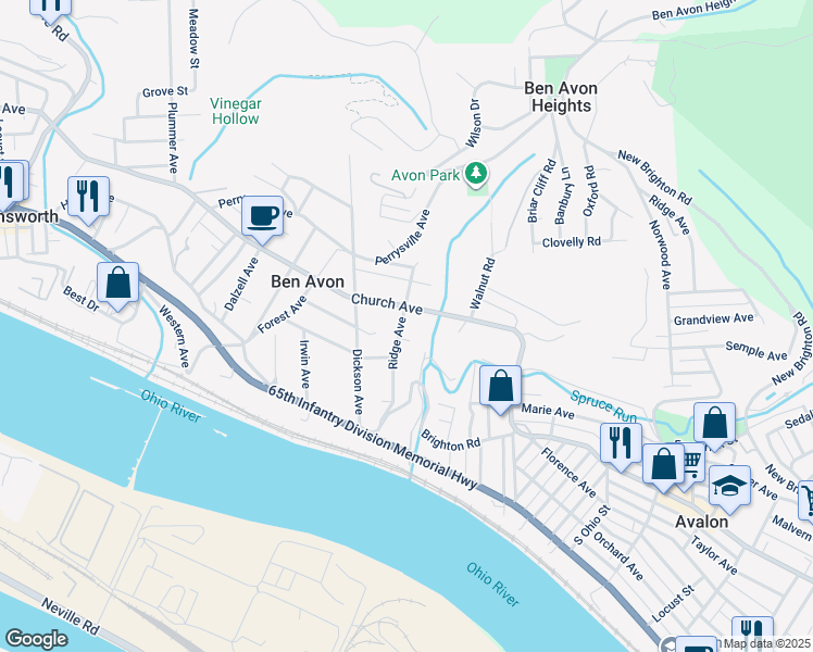map of restaurants, bars, coffee shops, grocery stores, and more near 6830 Church Avenue in Pittsburgh