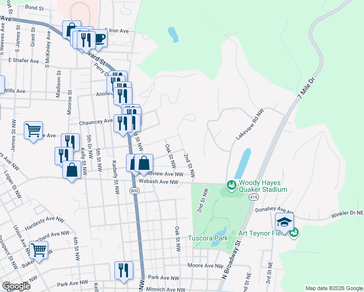 map of restaurants, bars, coffee shops, grocery stores, and more near 204 Carrie Avenue Northwest in New Philadelphia