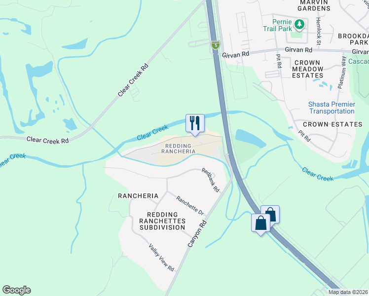 map of restaurants, bars, coffee shops, grocery stores, and more near 1901-18177 Redding Rancheria Rd in Redding