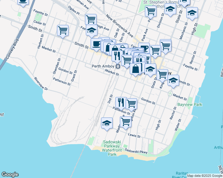map of restaurants, bars, coffee shops, grocery stores, and more near 225 2nd Street in Perth Amboy
