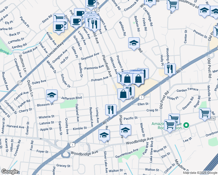 map of restaurants, bars, coffee shops, grocery stores, and more near 91 Hickory Street in Edison