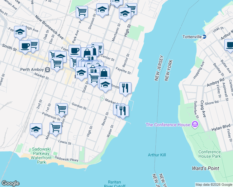 map of restaurants, bars, coffee shops, grocery stores, and more near 278 Rector Street in Perth Amboy