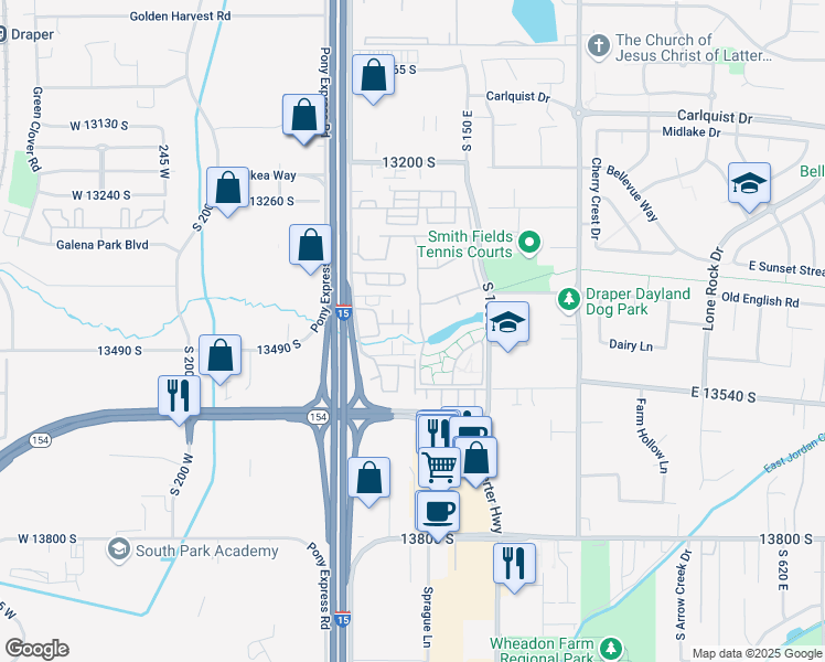 map of restaurants, bars, coffee shops, grocery stores, and more near 13447 Silver Rock Lane in Draper
