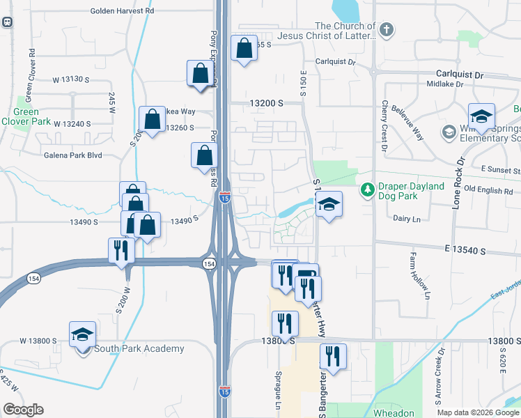 map of restaurants, bars, coffee shops, grocery stores, and more near 74 Golden Privet Drive in Draper