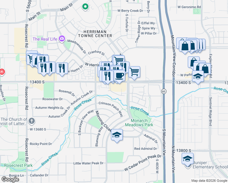 map of restaurants, bars, coffee shops, grocery stores, and more near 5092 West London Bay Drive in Riverton