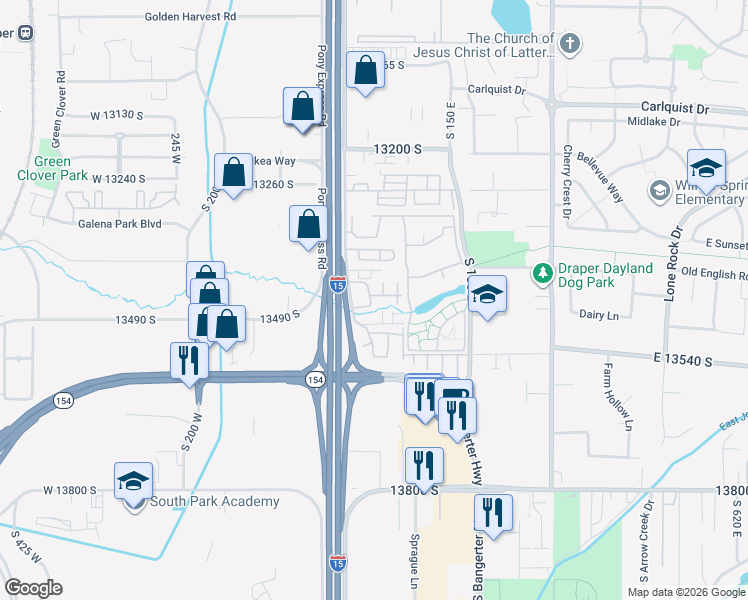 map of restaurants, bars, coffee shops, grocery stores, and more near 52 Golden Privet Drive in Draper