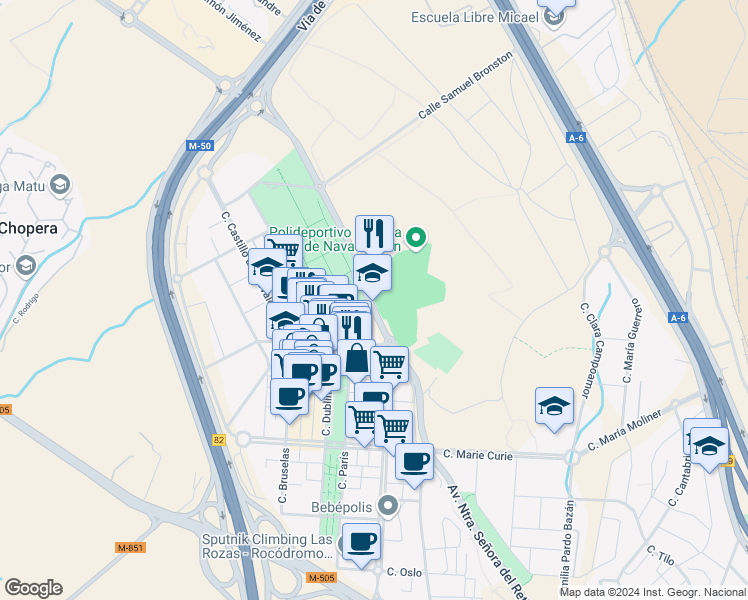 map of restaurants, bars, coffee shops, grocery stores, and more near 16 Avenida Nuestra Señora del Retamar in Las Rozas