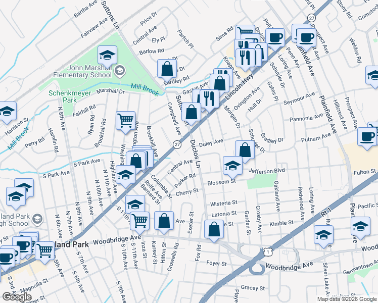 map of restaurants, bars, coffee shops, grocery stores, and more near 155 Duclos Lane in Edison