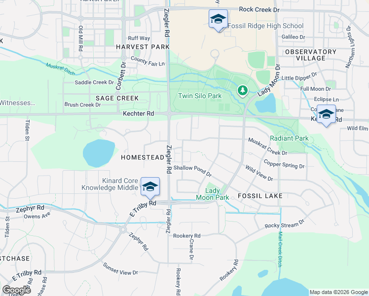 map of restaurants, bars, coffee shops, grocery stores, and more near 5651 Evening Primrose Lane in Fort Collins