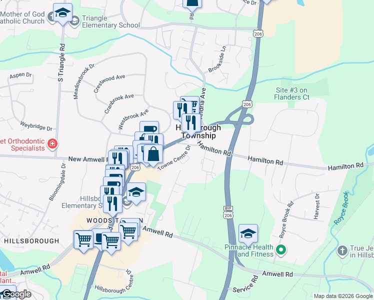 map of restaurants, bars, coffee shops, grocery stores, and more near 403 Towne Centre Drive in Somerset County