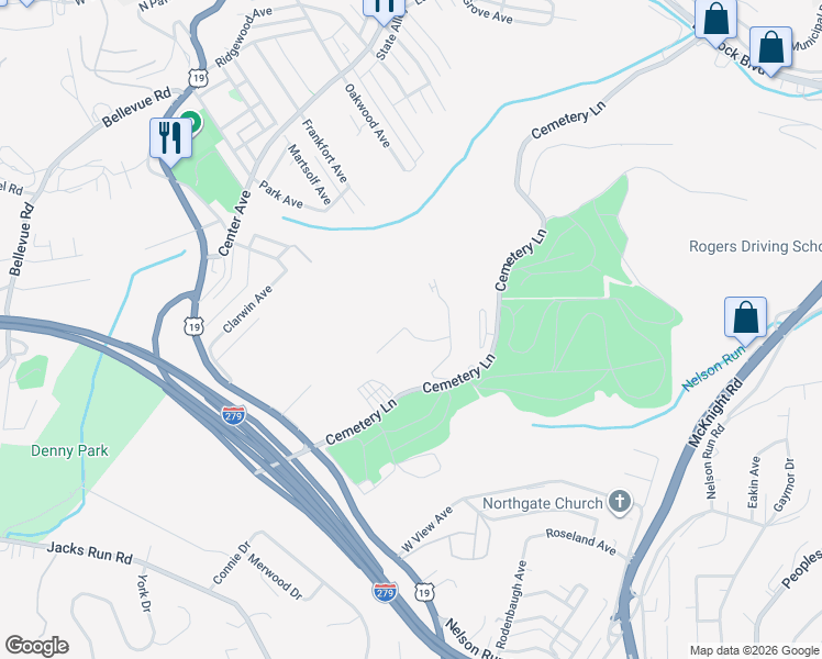 map of restaurants, bars, coffee shops, grocery stores, and more near 100 East West Drive in Pittsburgh