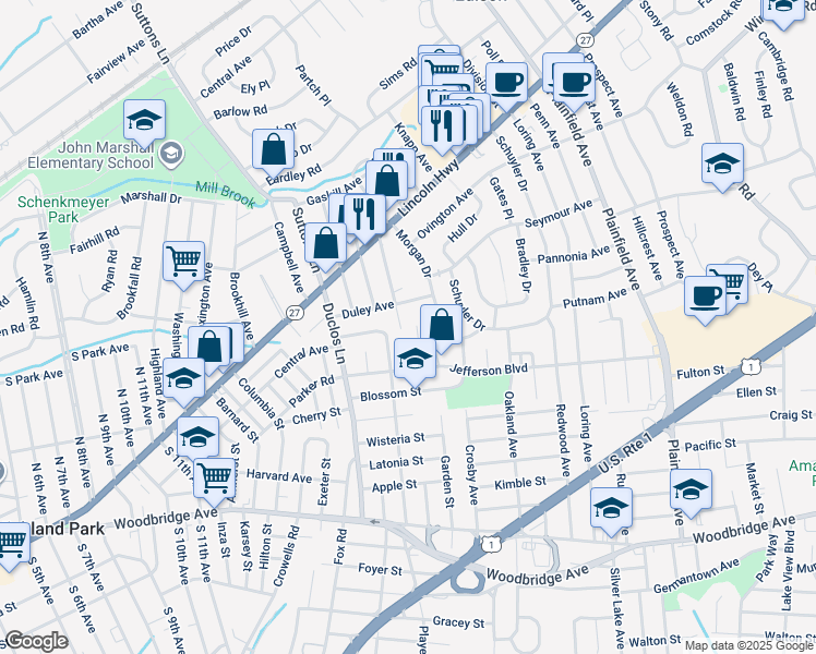 map of restaurants, bars, coffee shops, grocery stores, and more near 86 Oak Lane in Edison