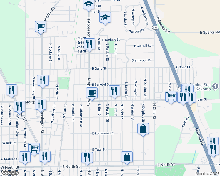 map of restaurants, bars, coffee shops, grocery stores, and more near 2200 North Purdum Street in Kokomo