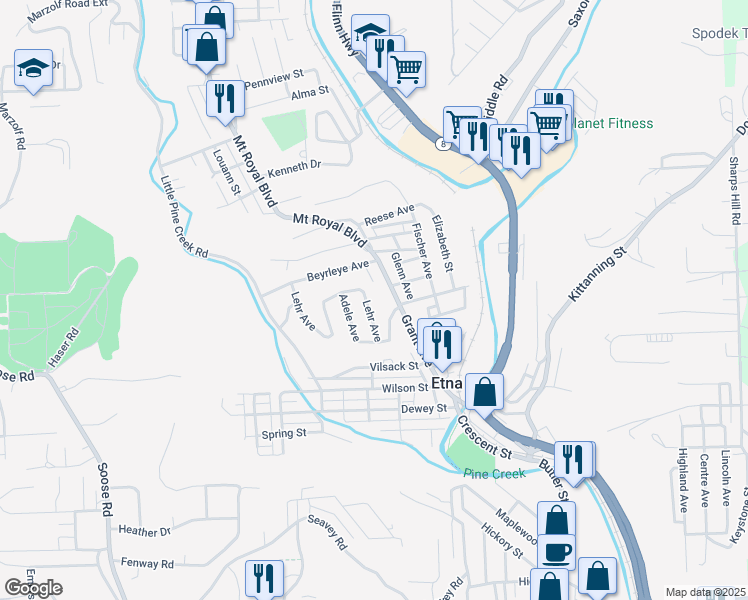 map of restaurants, bars, coffee shops, grocery stores, and more near 122 Mount Royal Boulevard in Etna