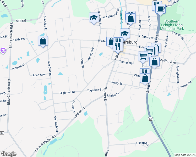 map of restaurants, bars, coffee shops, grocery stores, and more near 327 Locust St in Coopersburg