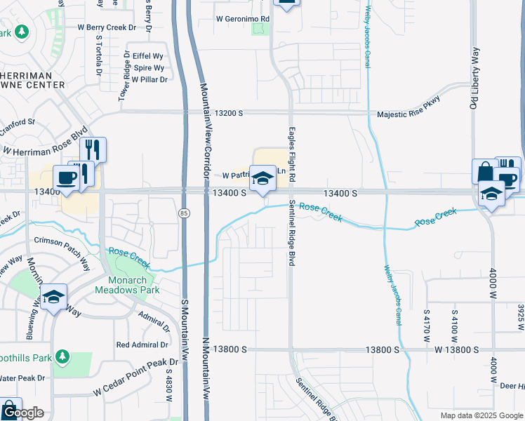 map of restaurants, bars, coffee shops, grocery stores, and more near 4587 13400 South in Riverton