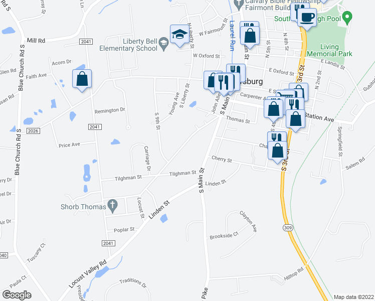 map of restaurants, bars, coffee shops, grocery stores, and more near 327 Locust St in Coopersburg