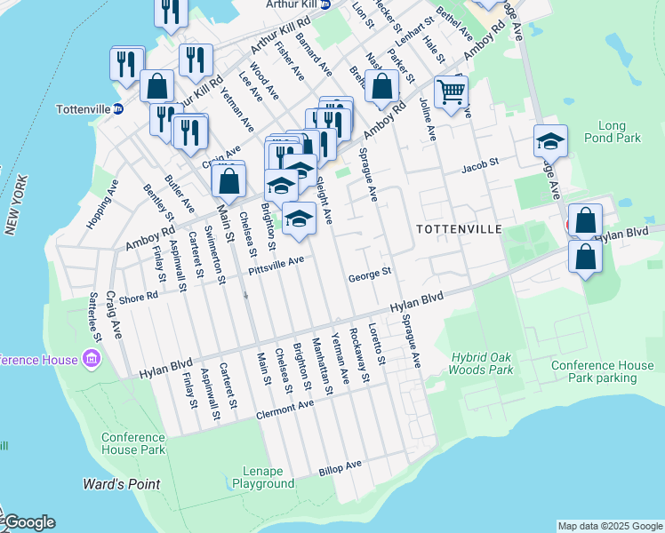 map of restaurants, bars, coffee shops, grocery stores, and more near 405 Sleight Avenue in Staten Island